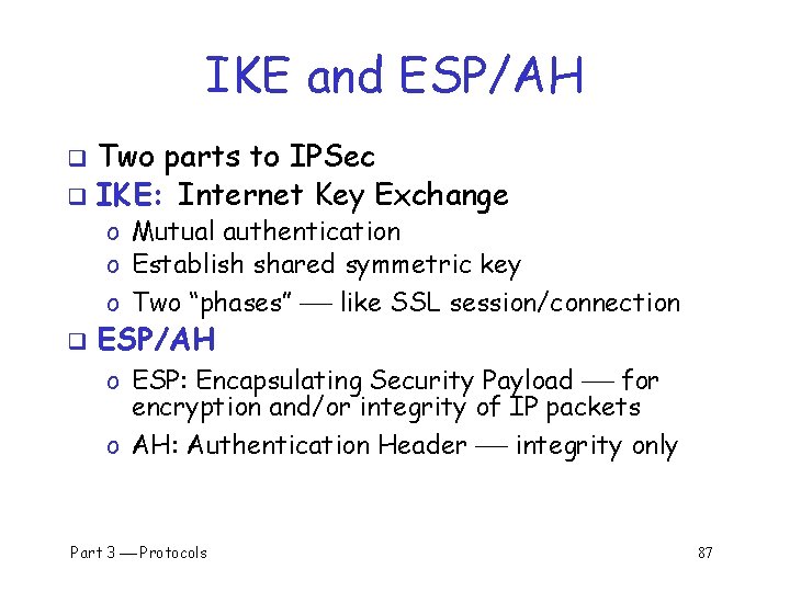 IKE and ESP/AH Two parts to IPSec q IKE: Internet Key Exchange q o