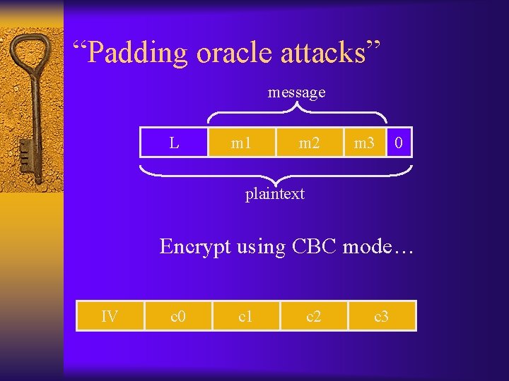 “Padding oracle attacks” message L m 1 m 2 m 3 0 plaintext Encrypt