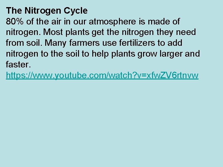 The Nitrogen Cycle 80% of the air in our atmosphere is made of nitrogen.