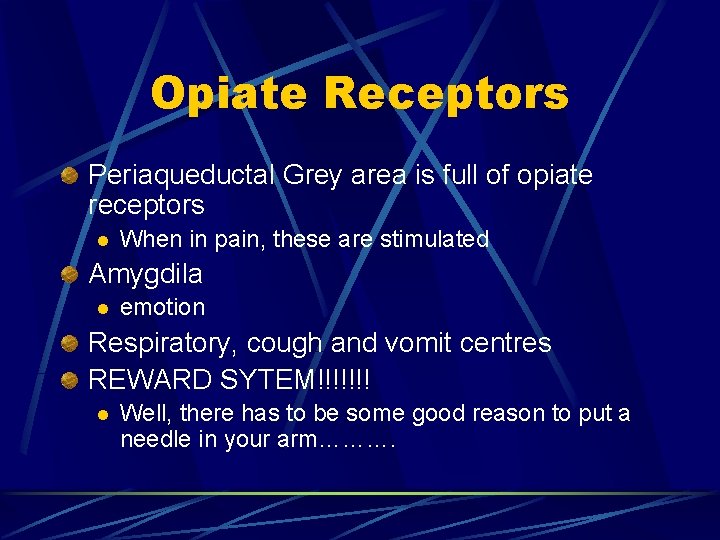 Opiate Receptors Periaqueductal Grey area is full of opiate receptors l When in pain,