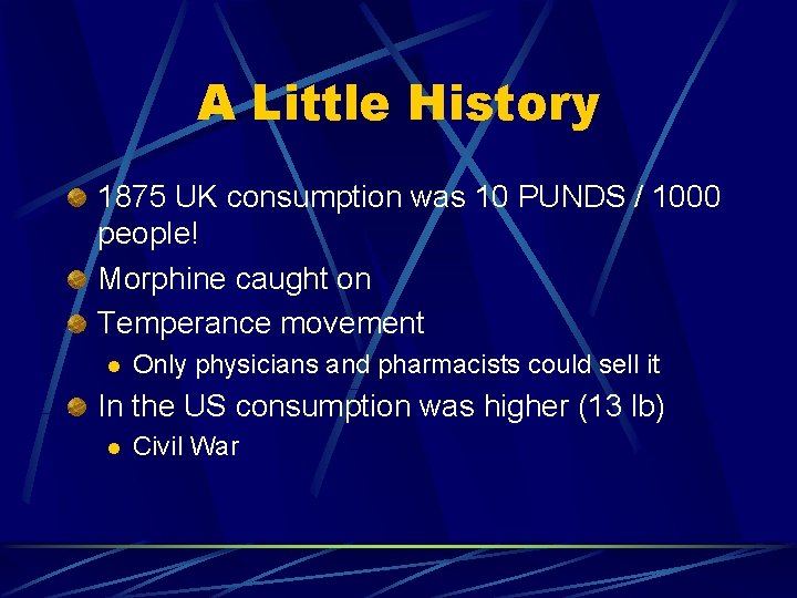 A Little History 1875 UK consumption was 10 PUNDS / 1000 people! Morphine caught