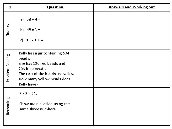 1 Question Fluency a) 68 ÷ 4 = b) 45 x 3 = Problem