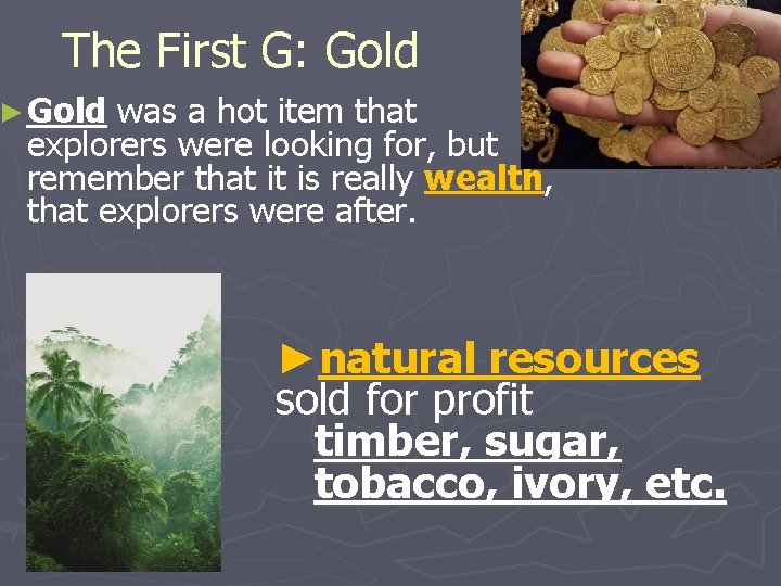 The First G: Gold ► Gold was a hot item that explorers were looking