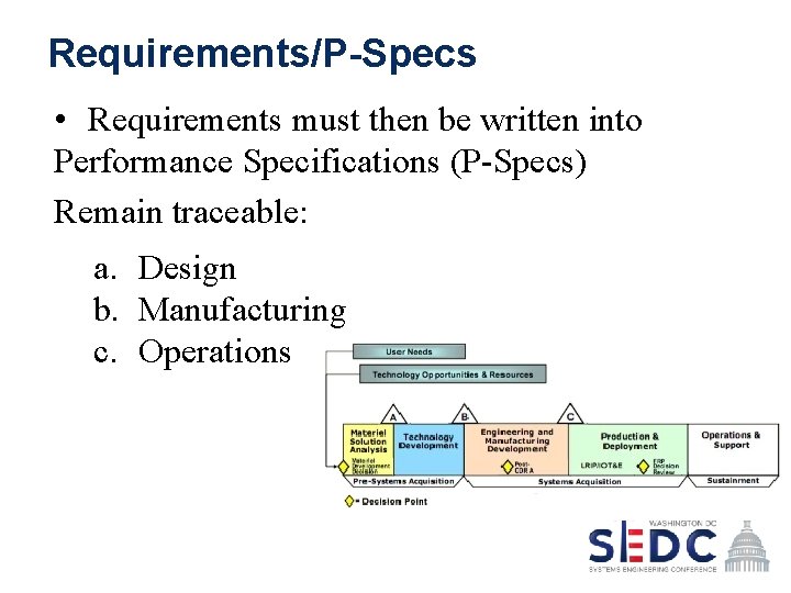 Requirements/P-Specs • Requirements must then be written into Performance Specifications (P-Specs) Remain traceable: a.