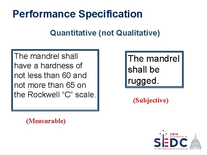 Performance Specification Quantitative (not Qualitative) The mandrel shall have a hardness of not less
