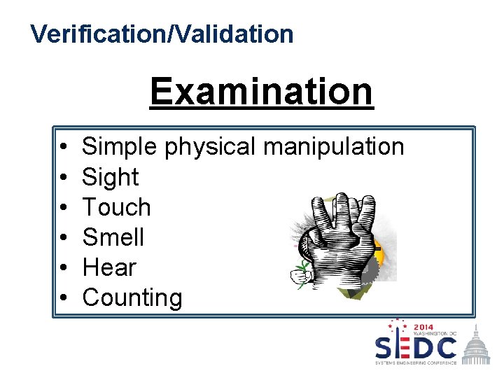 Verification/Validation Examination • Simple physical manipulation • Sight • Touch • Smell • Hear