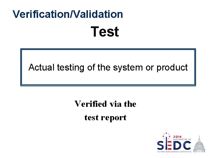 Verification/Validation Test Actual testing of the system or product Verified via the test report