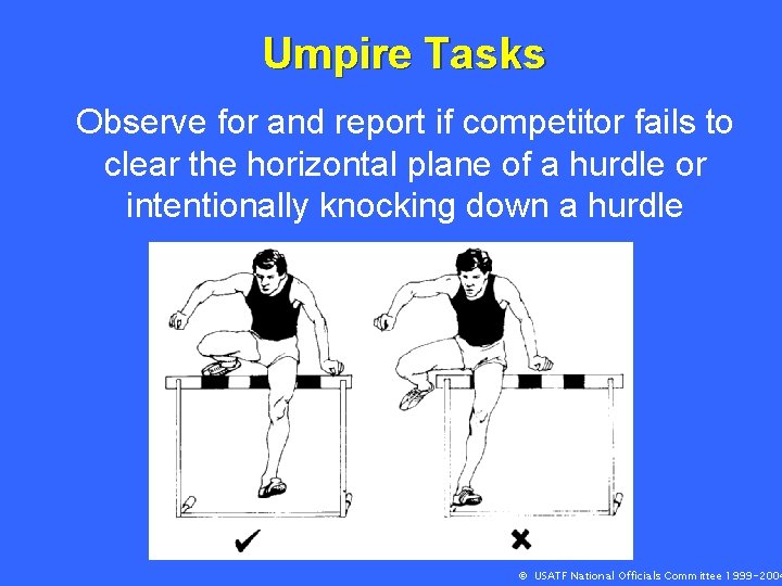 Umpire Tasks Observe for and report if competitor fails to clear the horizontal plane