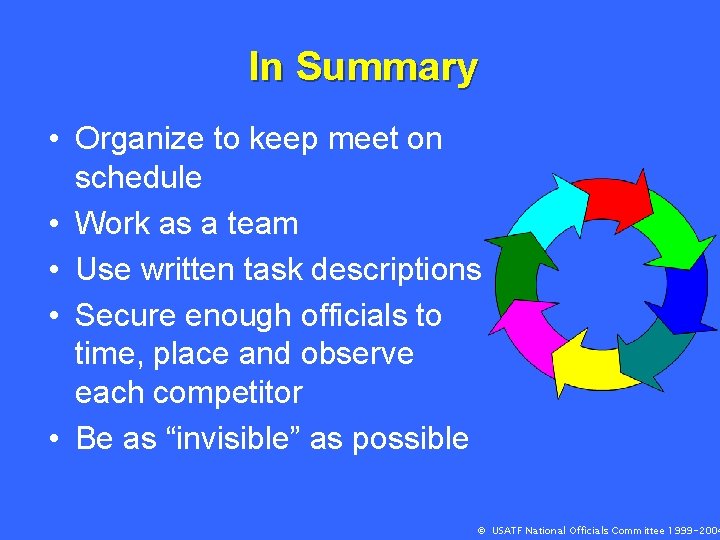 In Summary • Organize to keep meet on schedule • Work as a team