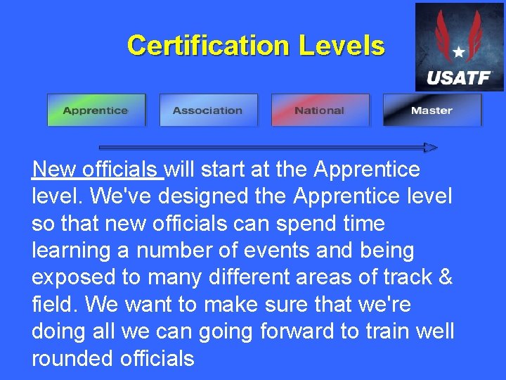 Certification Levels New officials will start at the Apprentice level. We've designed the Apprentice
