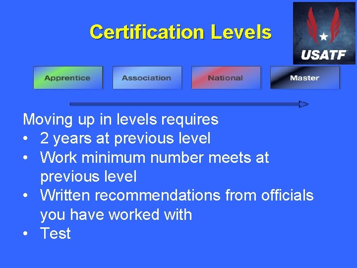 Certification Levels Moving up in levels requires • 2 years at previous level •