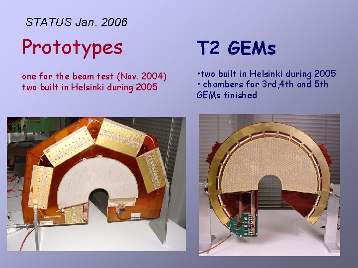 STATUS Jan. 2006 Prototypes T 2 GEMs one for the beam test (Nov. 2004)