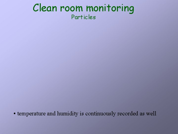 Clean room monitoring Particles • temperature and humidity is continuously recorded as well 