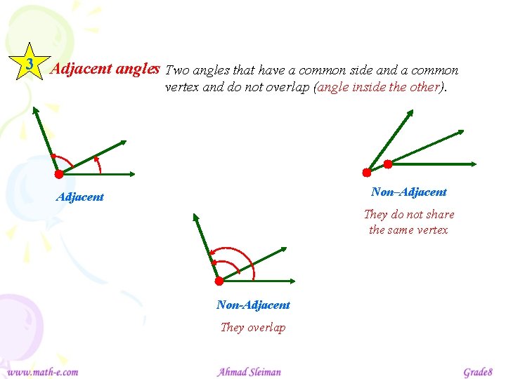 3 Adjacent angles Two angles that have a common side and a common vertex