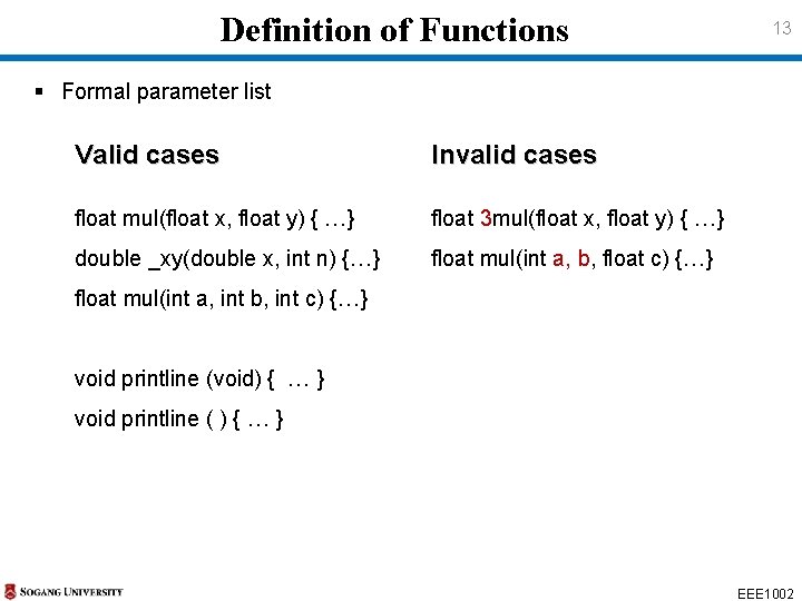 Definition of Functions 13 § Formal parameter list Valid cases Invalid cases float Definition of Functions 13 § Formal parameter list Valid cases Invalid cases float