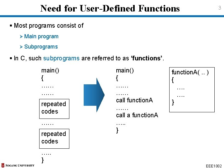 Need for User-Defined Functions 3 § Most programs consist of Ø Main program Need for User-Defined Functions 3 § Most programs consist of Ø Main program
