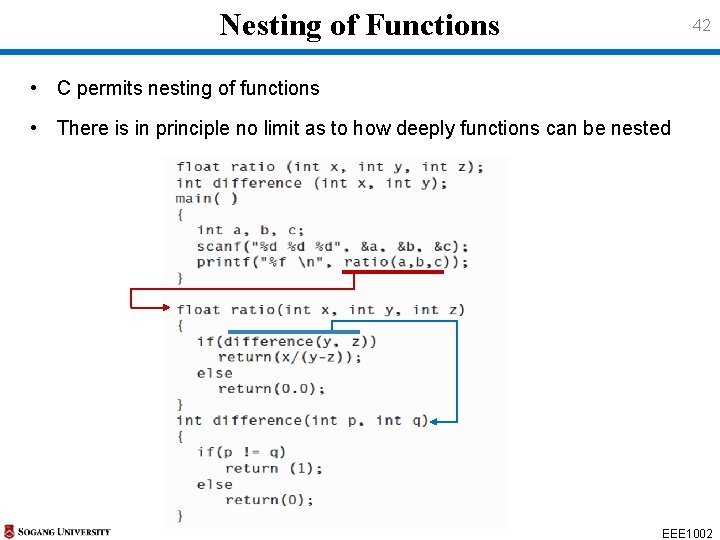 Nesting of Functions 42 • C permits nesting of functions • There is in Nesting of Functions 42 • C permits nesting of functions • There is in