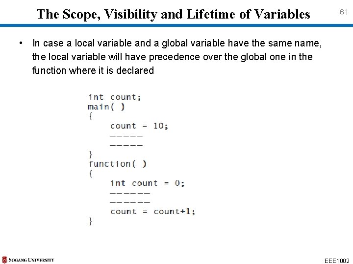 The Scope, Visibility and Lifetime of Variables 61 • In case a local The Scope, Visibility and Lifetime of Variables 61 • In case a local