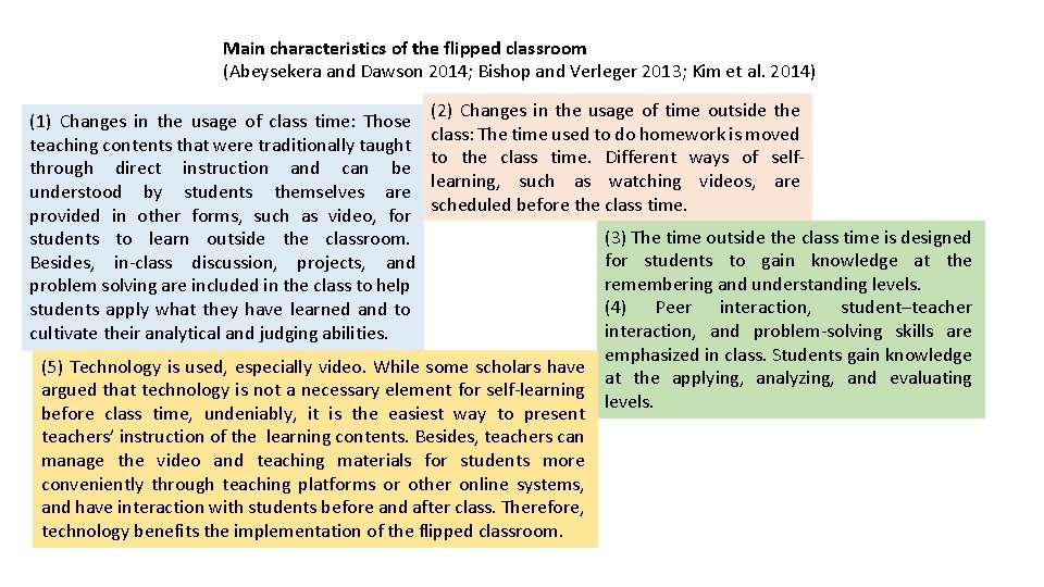 Main characteristics of the flipped classroom (Abeysekera and Dawson 2014; Bishop and Verleger 2013;