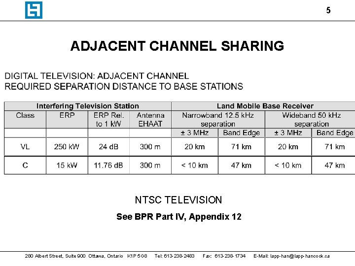 5 ADJACENT CHANNEL SHARING NTSC TELEVISION See BPR Part IV, Appendix 12 280 Albert