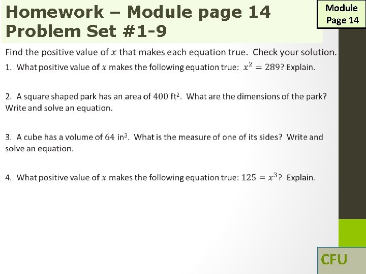 Homework – Module page 14 Problem Set #1 -9 Module Page 14 CFU 