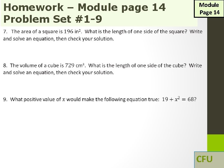 Homework – Module page 14 Problem Set #1 -9 Module Page 14 CFU 