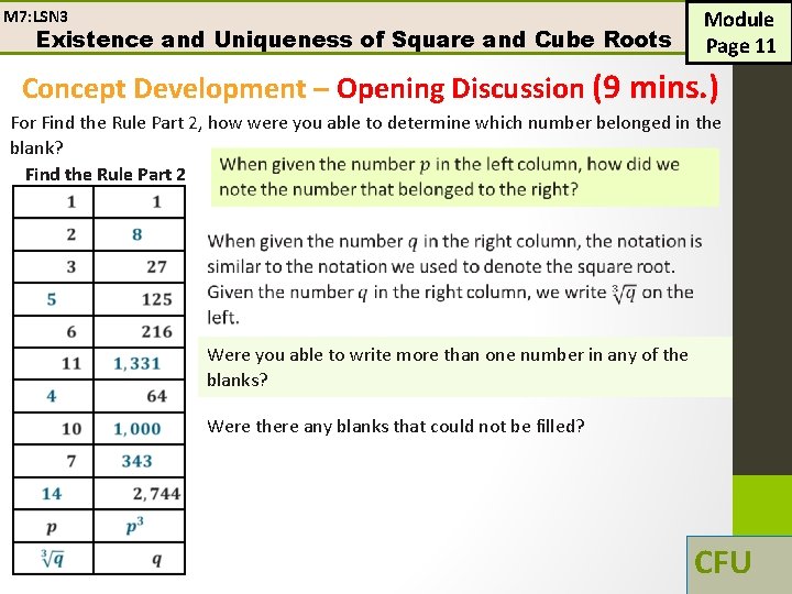 M 7: LSN 3 Existence and Uniqueness of Square and Cube Roots Module Page