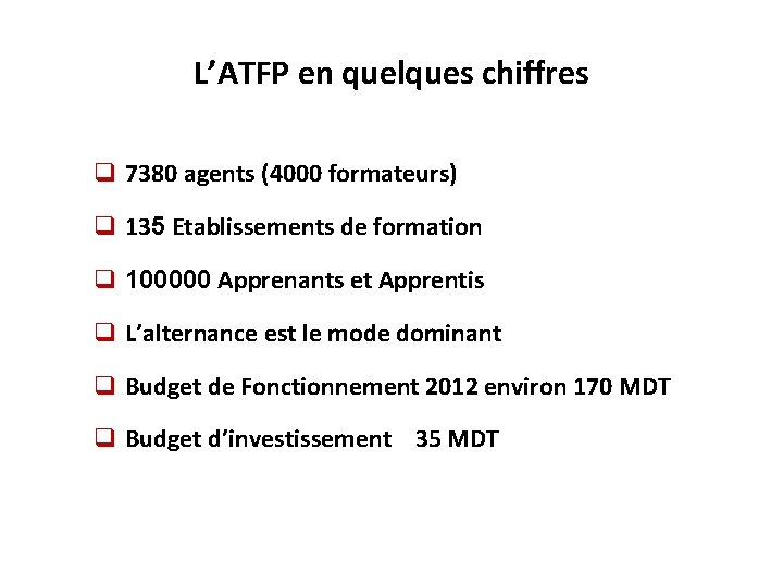L’ATFP en quelques chiffres q 7380 agents (4000 formateurs) q 135 Etablissements de formation