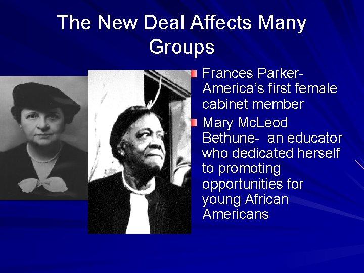 The New Deal Affects Many Groups Frances Parker. America’s first female cabinet member Mary