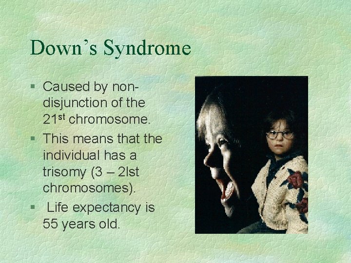 Down’s Syndrome § Caused by nondisjunction of the 21 st chromosome. § This means