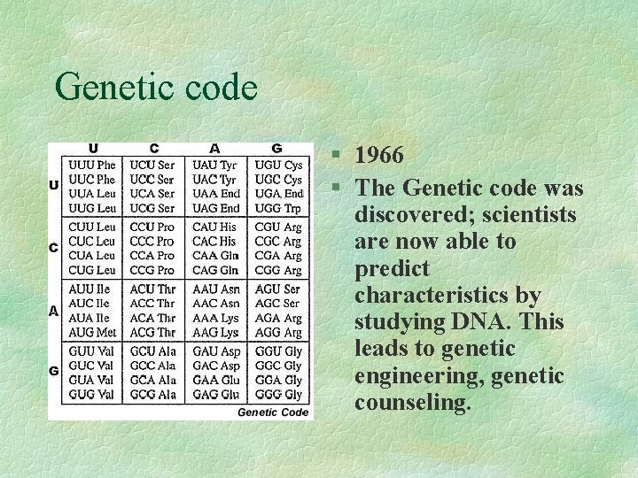 Genetic code § 1966 § The Genetic code was discovered; scientists are now able
