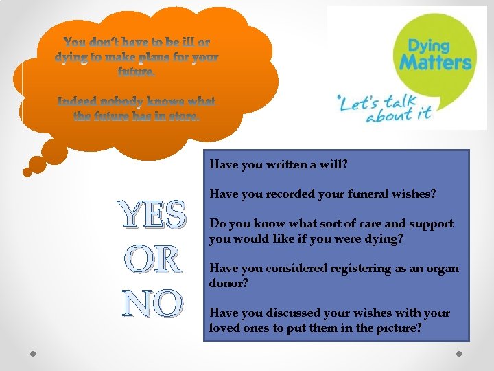 Have you written a will? YES OR NO Have you recorded your funeral wishes?