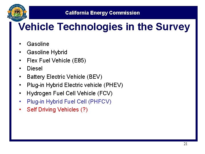 California Energy Commission Vehicle Technologies in the Survey • • • Gasoline Hybrid Flex