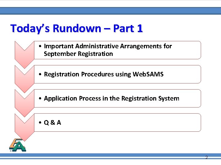 Today’s Rundown – Part 1 • Important Administrative Arrangements for September Registration • Registration