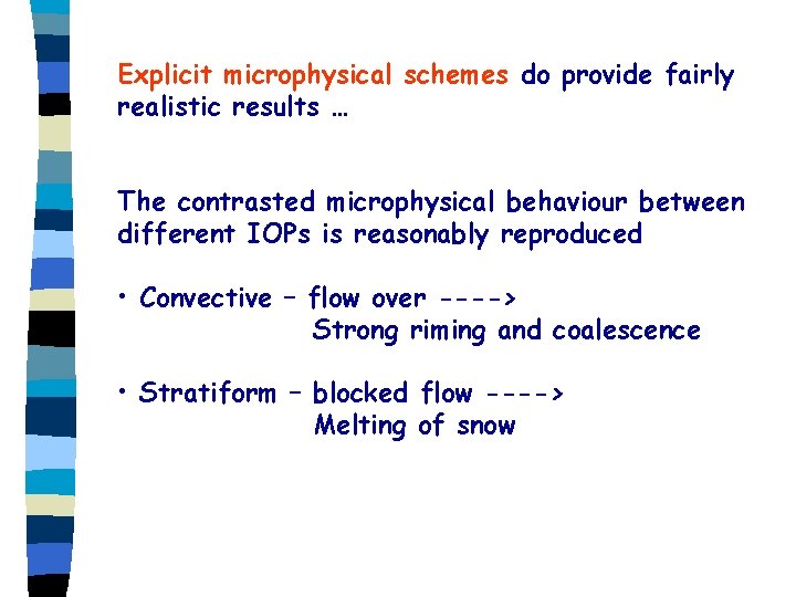 Explicit microphysical schemes do provide fairly realistic results … The contrasted microphysical behaviour between Explicit microphysical schemes do provide fairly realistic results … The contrasted microphysical behaviour between