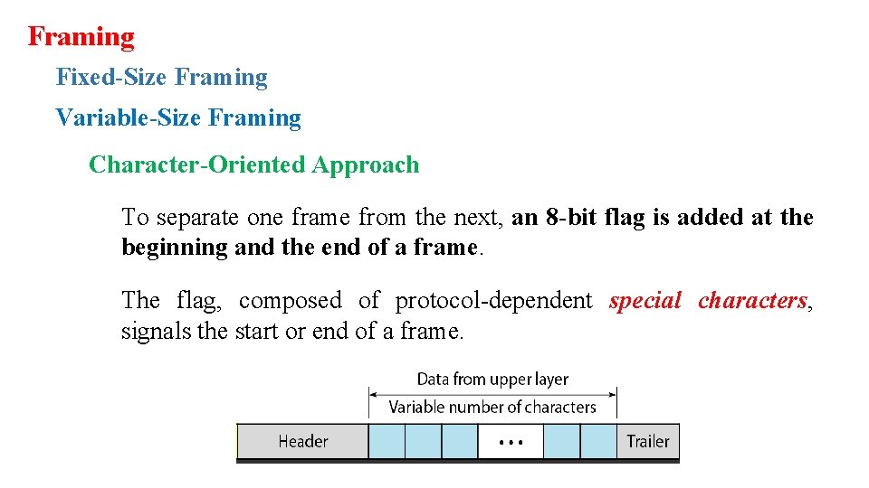 Framing Fixed-Size Framing Variable-Size Framing Character-Oriented Approach To separate one frame from the next,