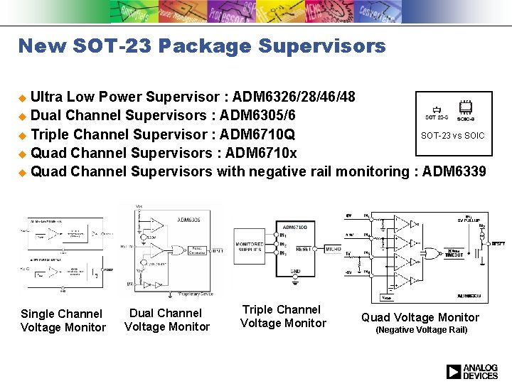 New SOT-23 Package Supervisors Ultra Low Power Supervisor : ADM 6326/28/46/48 Dual Channel Supervisors