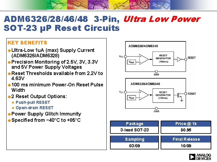 ADM 6326/28/46/48 3 -Pin, Ultra Low Power SOT-23 μP Reset Circuits KEY BENEFITS Ultra-Low