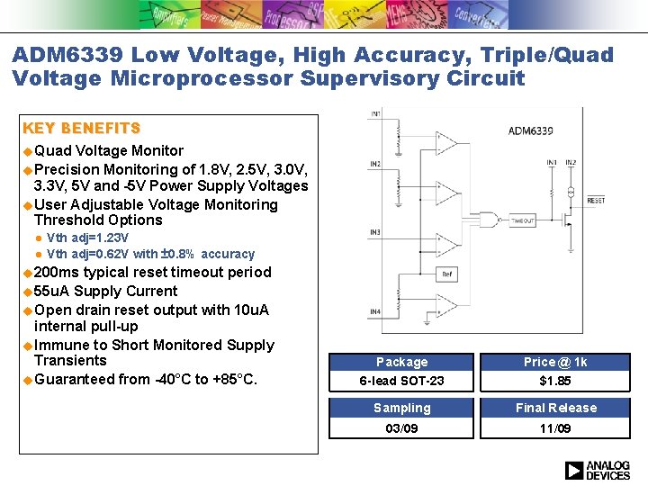 ADM 6339 Low Voltage, High Accuracy, Triple/Quad Voltage Microprocessor Supervisory Circuit KEY BENEFITS Quad