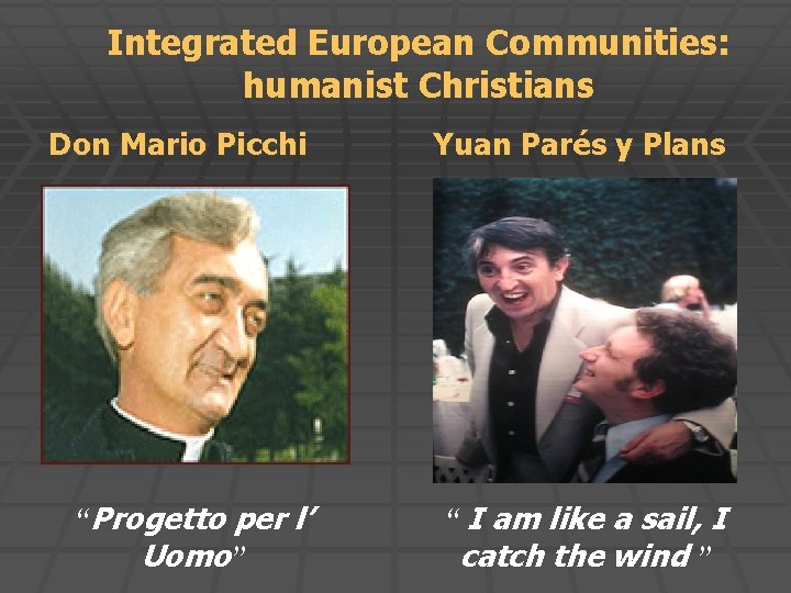 Integrated European Communities: humanist Christians Don Mario Picchi Yuan Parés y Plans “Progetto per