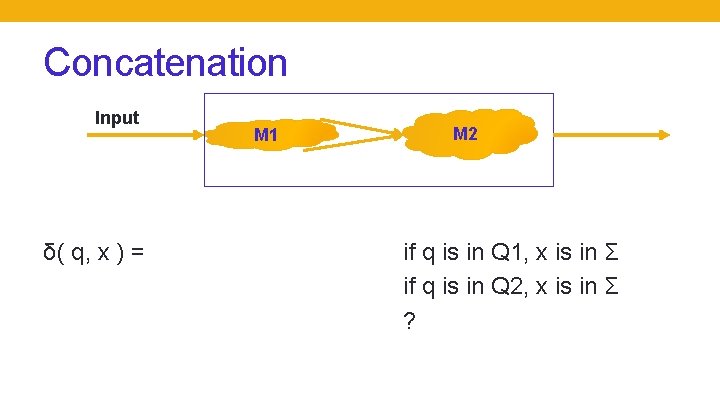 Concatenation Input δ( q, x ) = M 1 M 2 if q is