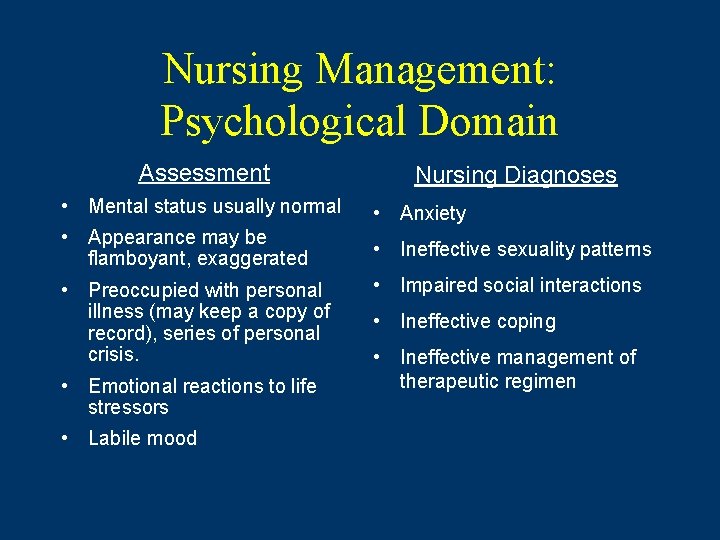 Nursing Management: Psychological Domain Assessment Nursing Diagnoses • Mental status usually normal • Anxiety