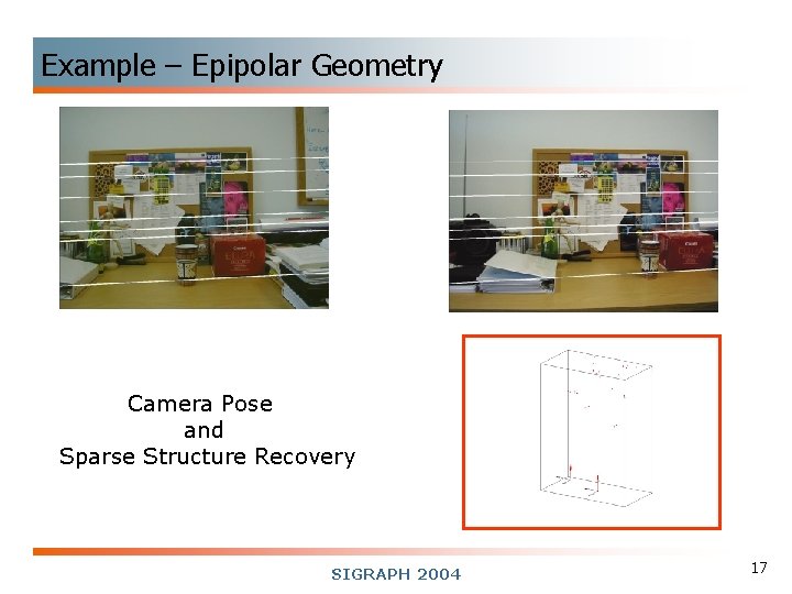 Example – Epipolar Geometry Camera Pose and Sparse Structure Recovery SIGRAPH 2004 17 