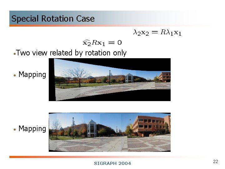 Special Rotation Case • Two view related by rotation only • Mapping to a