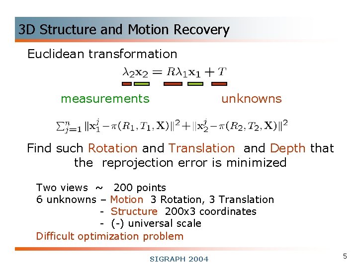 3 D Structure and Motion Recovery Euclidean transformation measurements unknowns Find such Rotation and