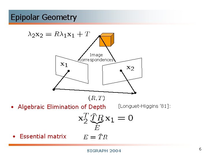 Epipolar Geometry Image correspondences • Algebraic Elimination of Depth [Longuet-Higgins ’ 81]: • Essential