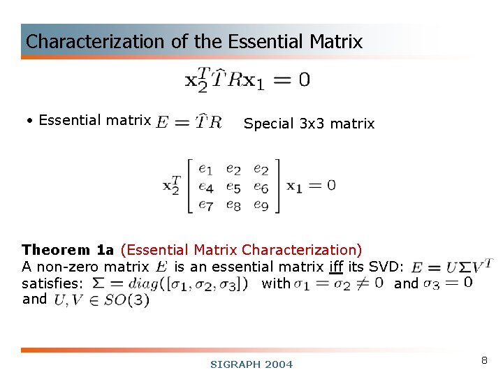 Characterization of the Essential Matrix • Essential matrix Special 3 x 3 matrix Theorem