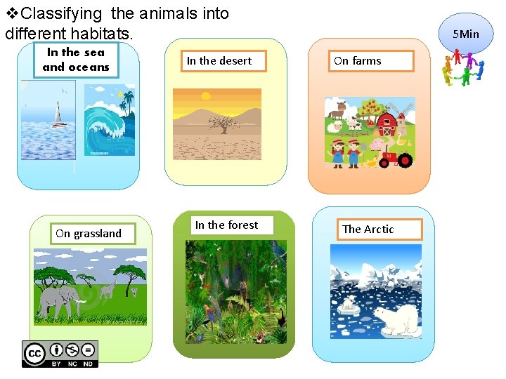 v. Classifying the animals into different habitats. In the sea and oceans On grassland