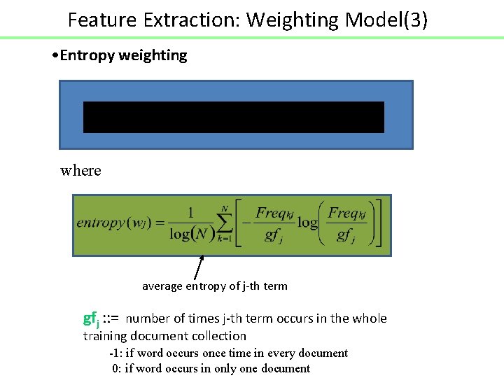 Feature Extraction: Weighting Model(3) • Entropy weighting where average entropy of j-th term gfj