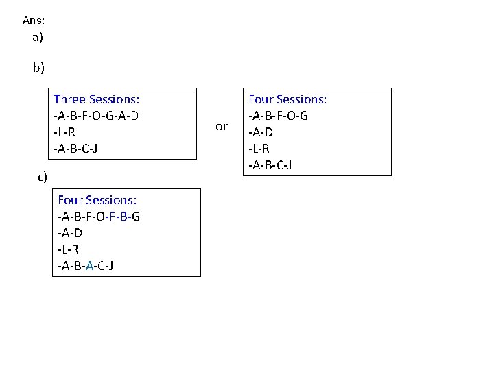 Ans: a) b) Three Sessions: -A-B-F-O-G-A-D -L-R -A-B-C-J c) Four Sessions: -A-B-F-O-F-B-G -A-D -L-R